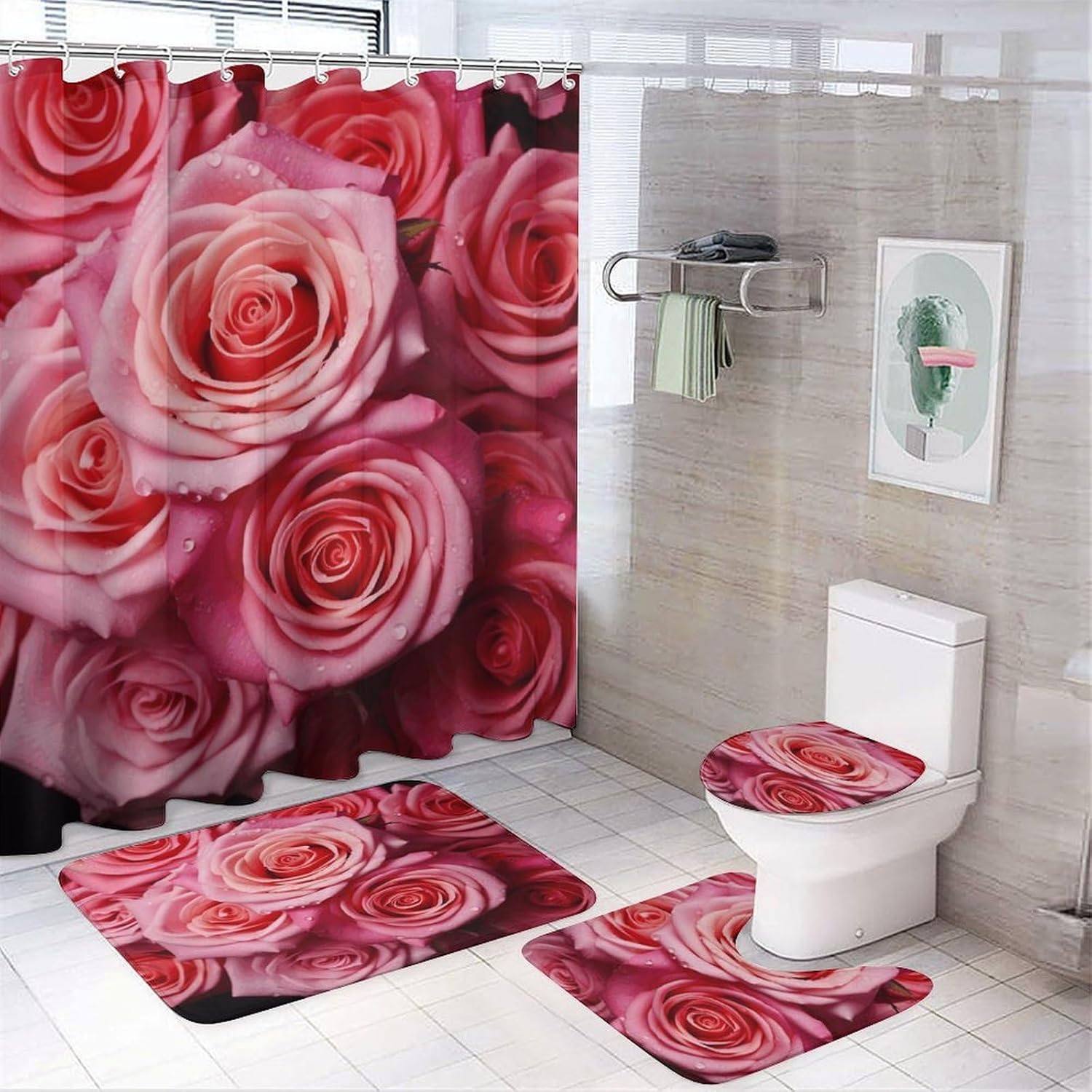 Elegant Rose Flower 4Pcs Shower Curtain Set with Non-Slip Rugs, Toilet Lid Cover and Bath Mat,Bathroom Set Decor Accessories,Curtain Set with 12 Hooks, 72 X 72 Inch