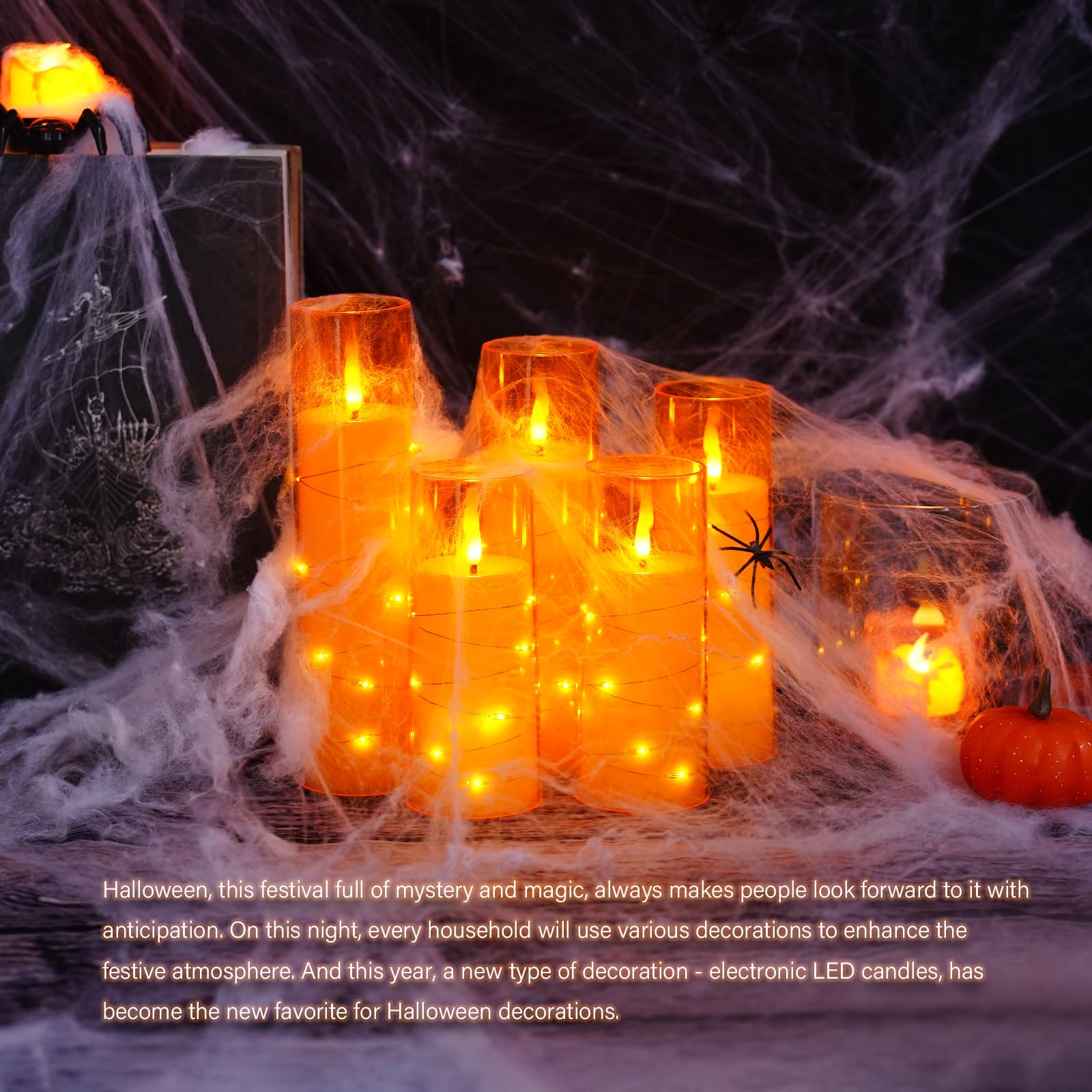 kakoya Lot de 5 bougies LED sans flamme vacillante avec minuteur pour ambiance romantique et décoration de la maison Coque en acrylique stable, avec chaîne d'étoiles intégrée, bougies à piles (orange)