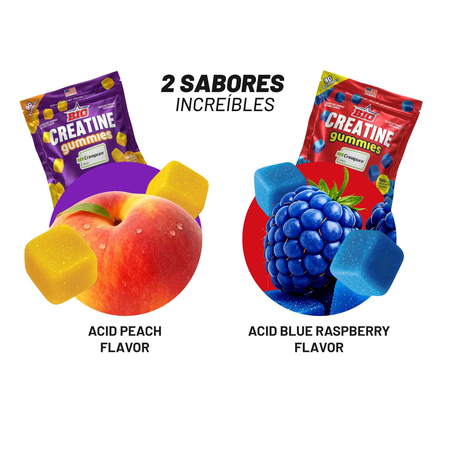 BIG - Gominolas de Creatina Monohidrato Creapure Sabor a Frambuesa Acida, 90 Gummies para Entrenamiento de Fuerza y Masa Muscular, Textura Suave, Megadosis 4.5g por toma (45 tomas)