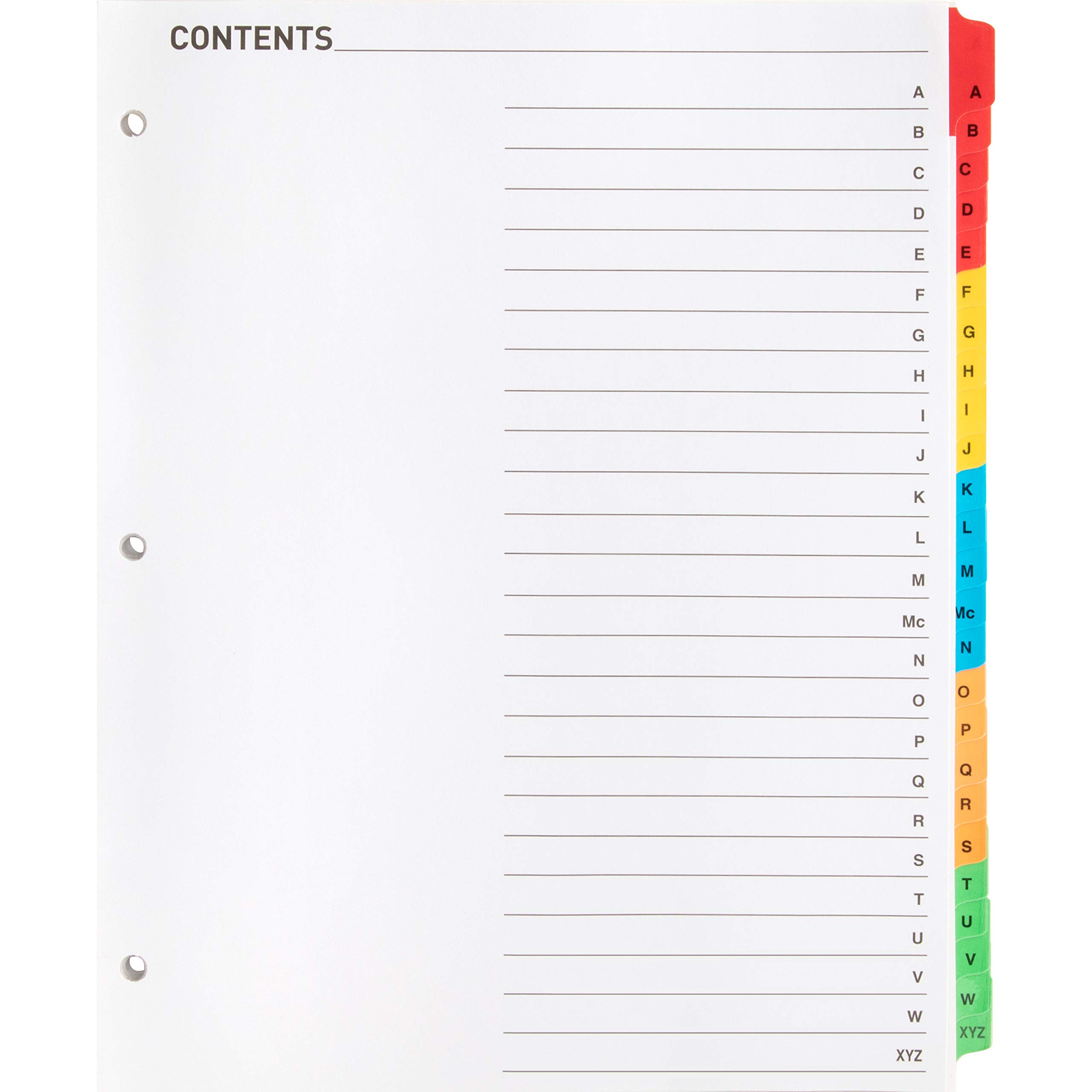 Index Dividers,w/Table Of Contents,Punched,A-Z,Multi, Sold as 1 Set