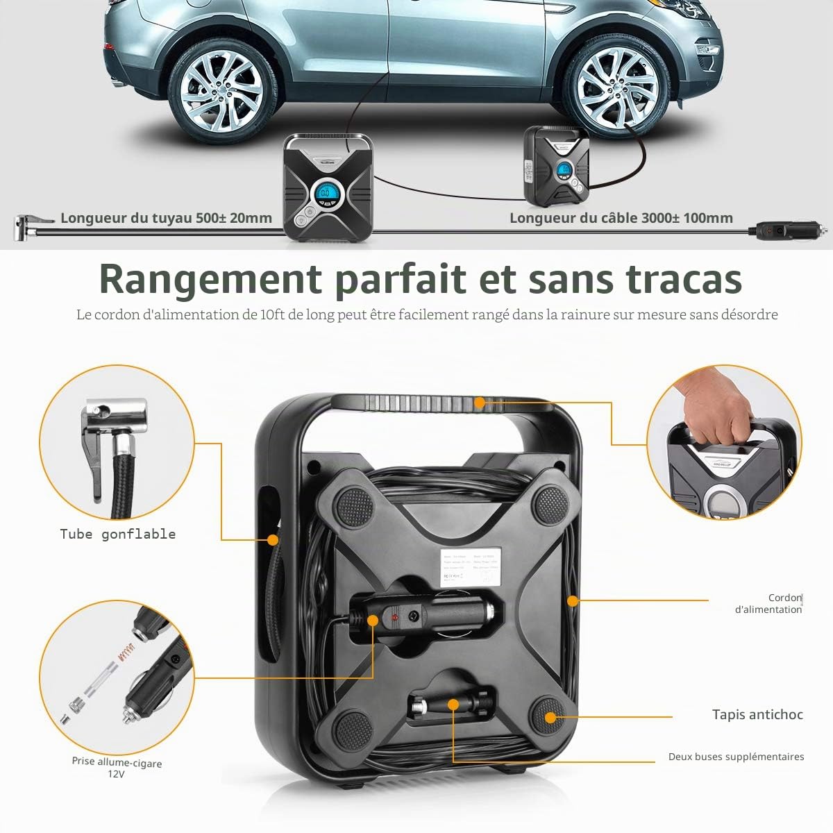 WindGallop Compresseur à Air Portable Gonfleur Electrique Gonfleur Pneus Voiture Mini Compresseur Voiture 12V Pompe A Velo Electrique avec Manomètre, Adaptateurs De Valve Et éclairage LED