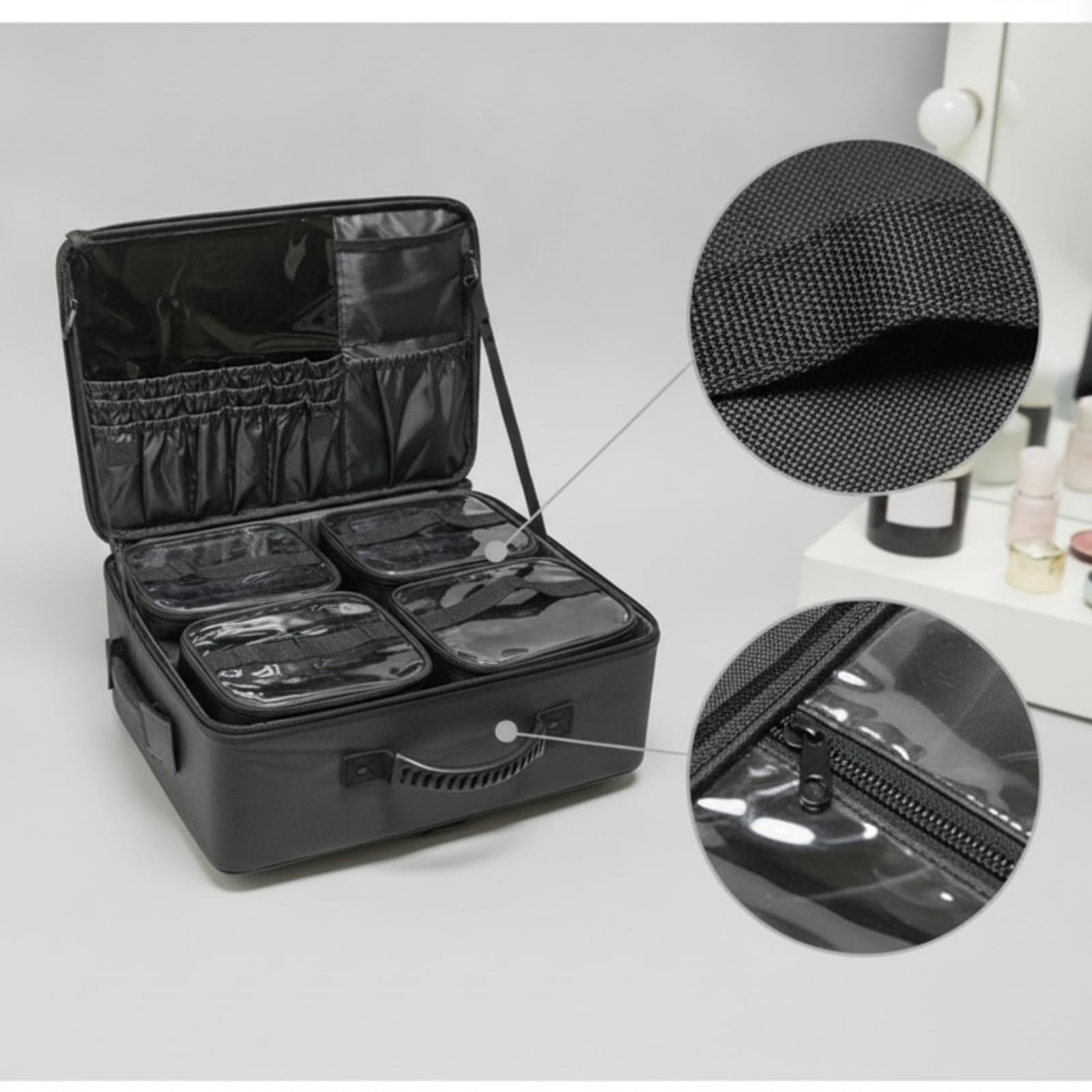 Valigia Trucco con Ruote Professionale, Trolley In Tessuto Oxford A Tre Strati Con 4 Scatole, Ruote Per Aereo E Tracolla