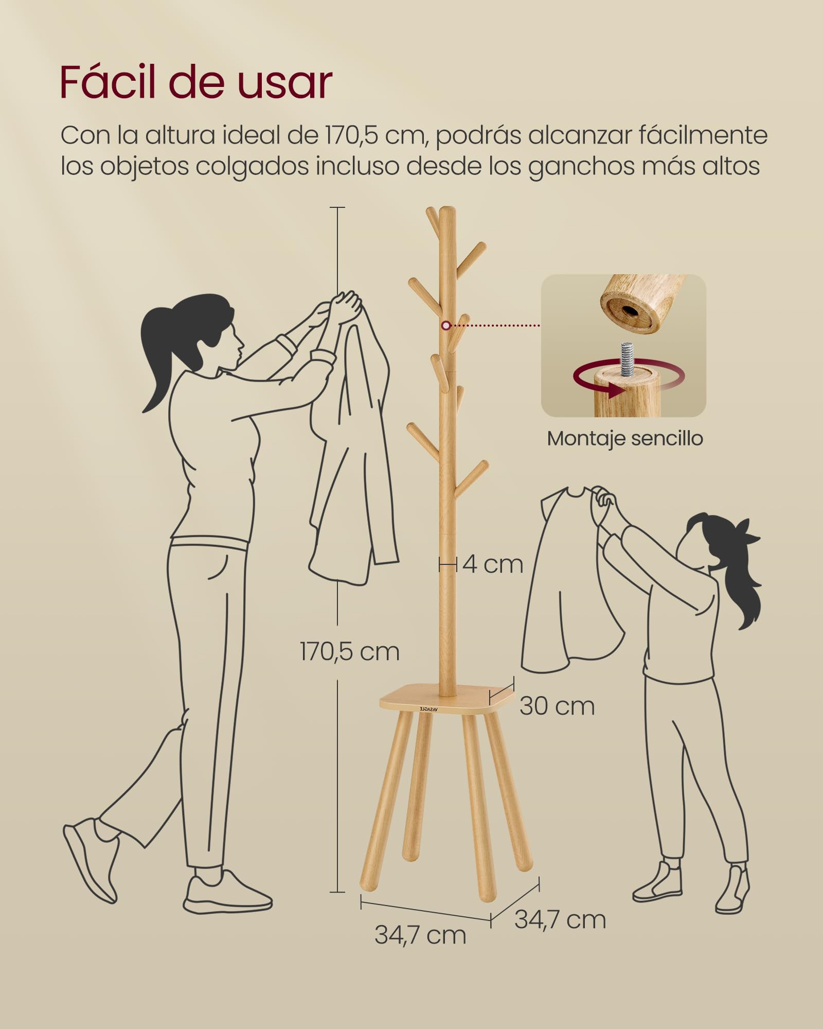 VASAGLE Perchero, Perhcero de Suelo, con 8 Ganchos y Estante de Almacenamiento, 170,5 cm de Altura, para Abrigos Sombreros Bolsos, Entrada Pasillo Dormitorio, Beige Natural RCR033N01