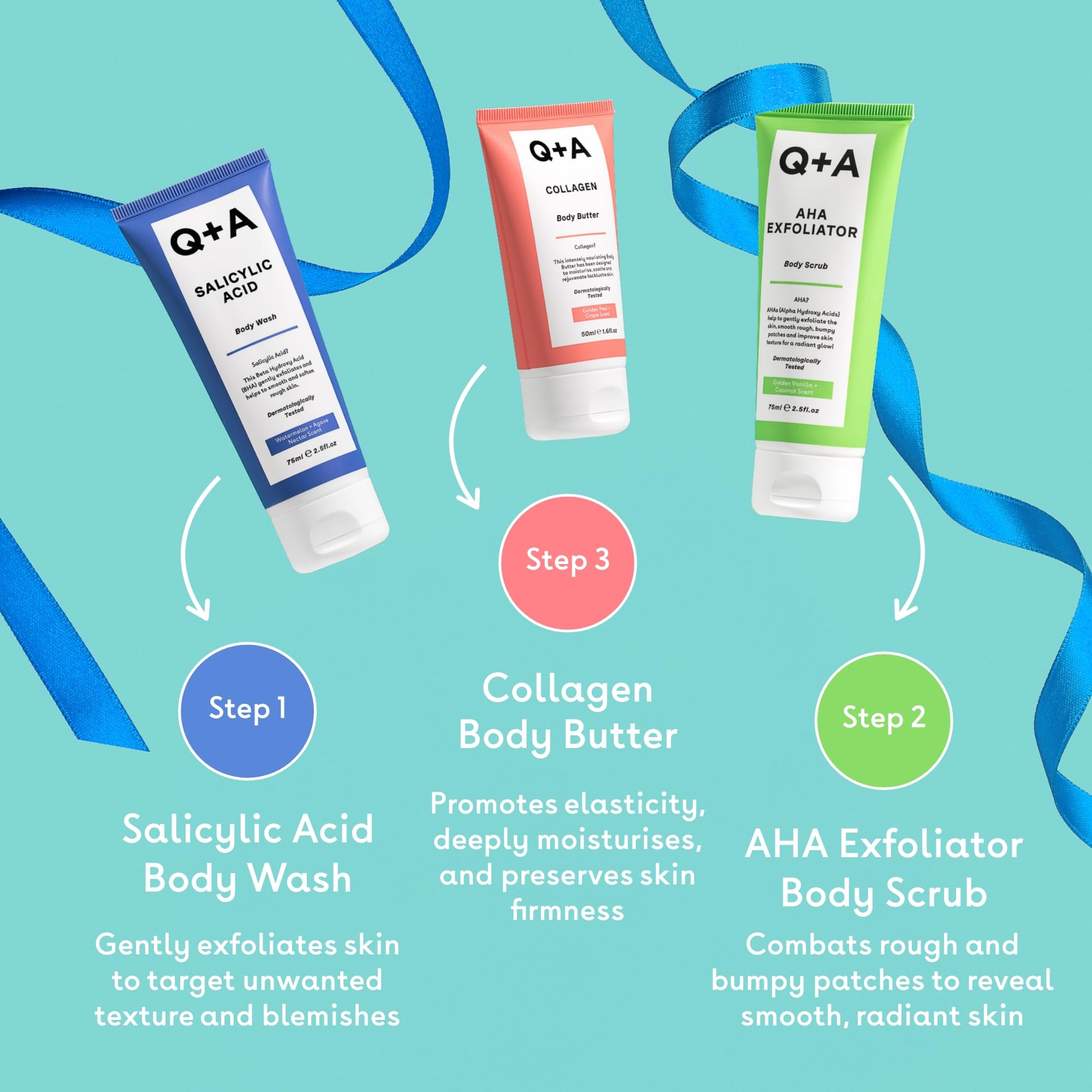 Q+A Bodycare Treats Gift Set, 3-Step Routine for Smooth Soft Skin, Salicylic Acid Body Wash (75ml) - Image 2