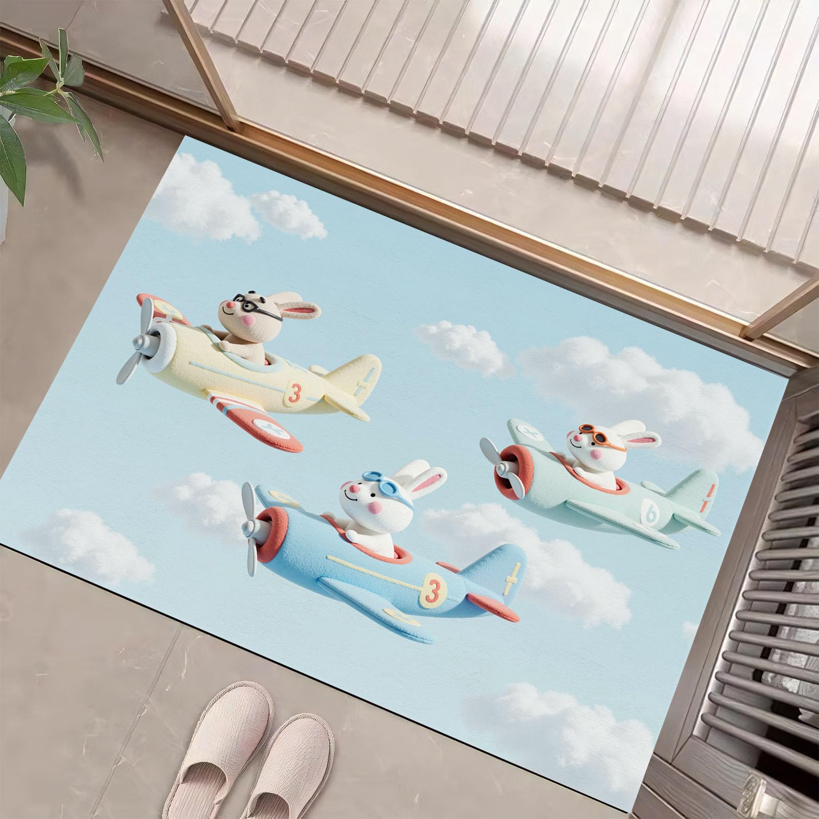Descente de lit chambre adulte bleu ciel paillasson lapin avion 50x80