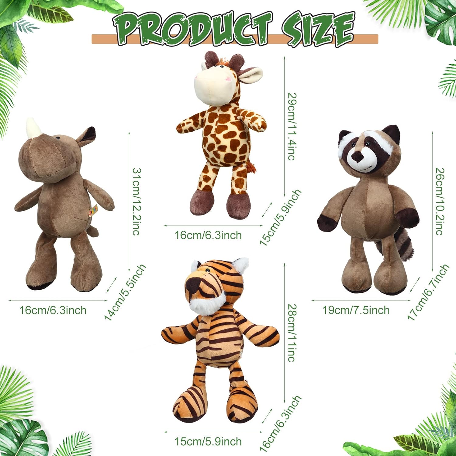 Zhanmai 9 Pieces Safari Stuffed Animal Toys Set 11 Inch Plush Jungle Animal Toys Plush Includes Tiger Lion Elephant Monkey Zebra Raccoon Rhino Giraffe for Zoo Theme Party Student Award(Classic)