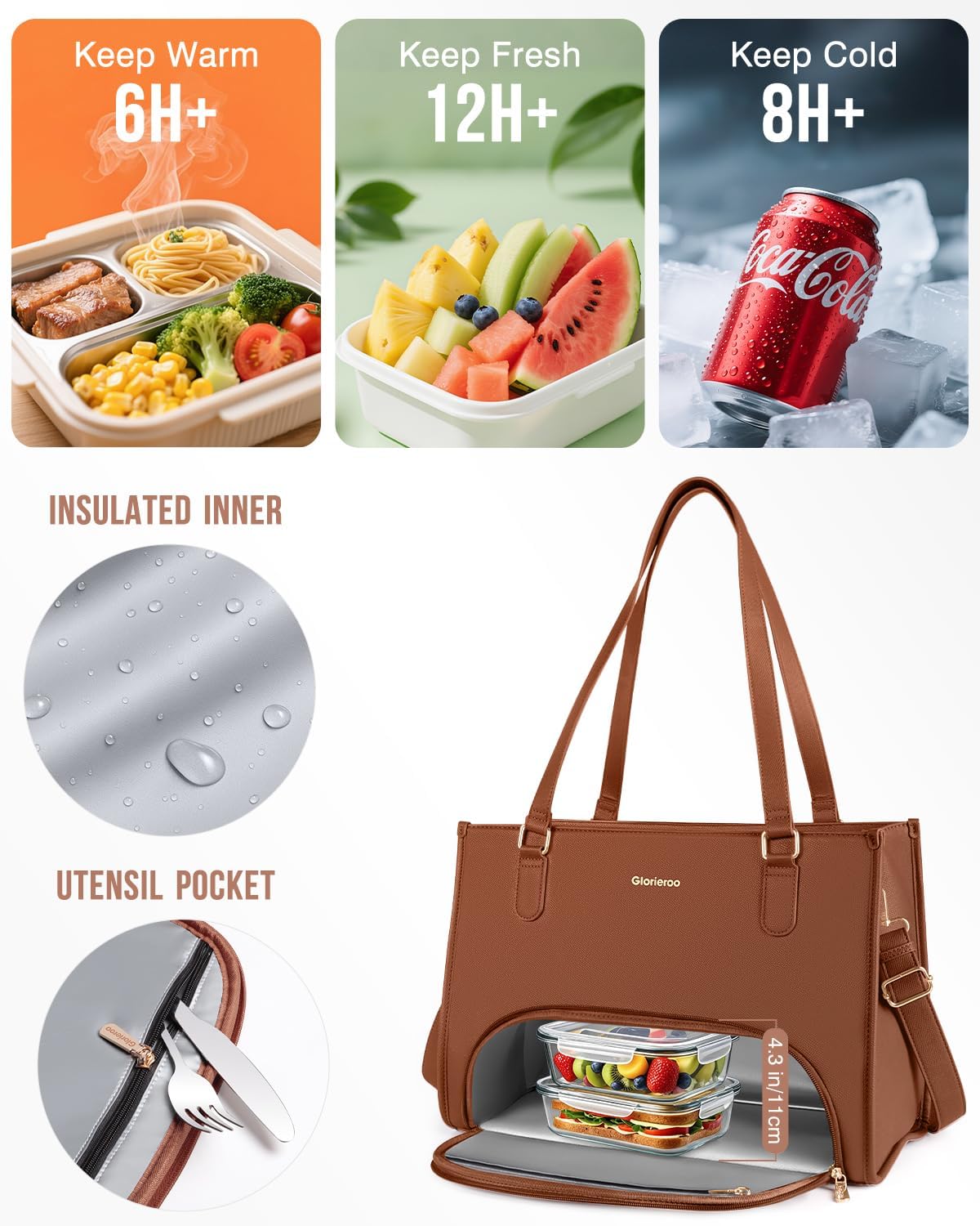 Laptop Tote Bag with Lunch Compartment for Women - 15.6 Inch Computer Vegan Leather Work Bag Handbag, Large Insulated Leakproof Lunch Box Bag with Shoulder Strap - Image 3