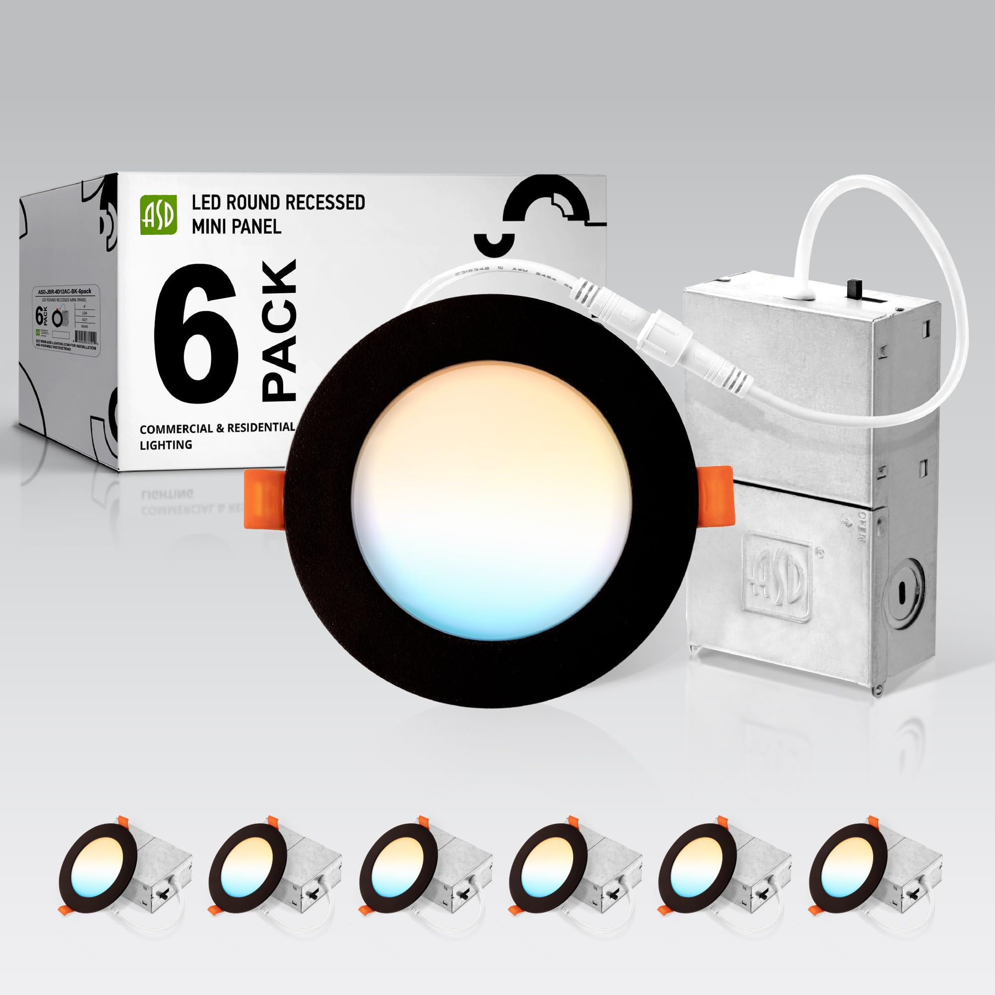 ASD 6 Pack LED Recessed Lighting 4 Inch 12W, 5 CCT 2700K-5000K CRI90+, IC Rated Ultra Thin Dimmable Ceiling Lights with J Box, Canless Wafer Downlight