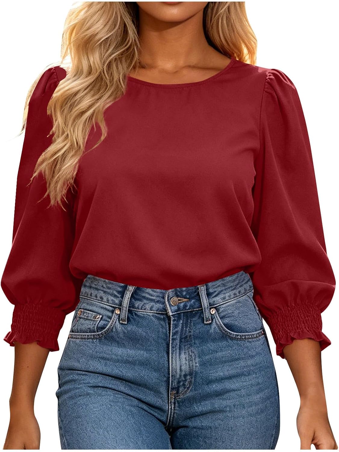 Womens 3/4 Length Sleeve Tops Dressy Casual Blouse Puff Sleeve Crew Neck Cute Trendy T Shirts with Smocked Cuffs