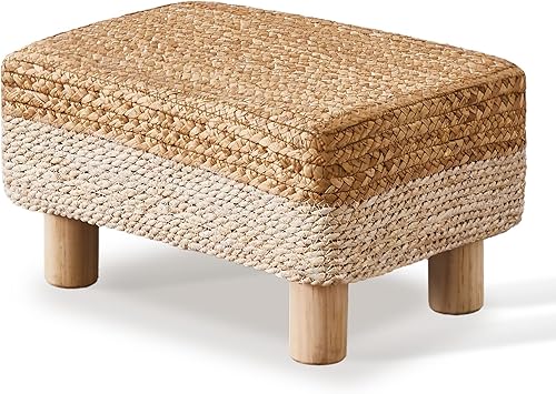 Cpintltr Taburete otomano rectangular, reposapiés, otomano, reposapiés natural de algas marinas con patas de madera, taburete tejido a mano para