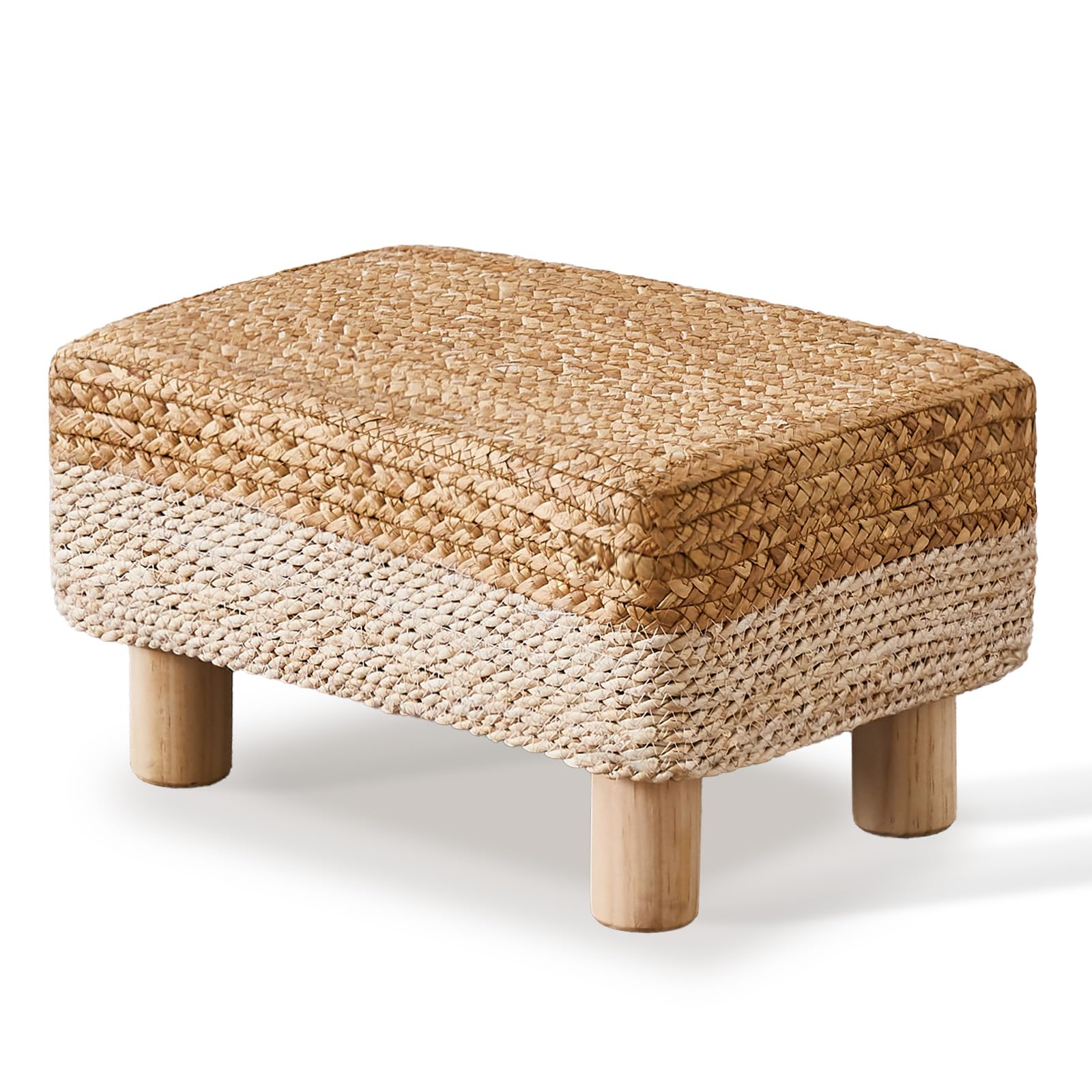 Wimarsbon Natural Seagrass Footstool Ottoman Rectangular Footrest Pouf Ottomans with Wooden Legs Hand Weave Step Stool for Living Room Bedroom