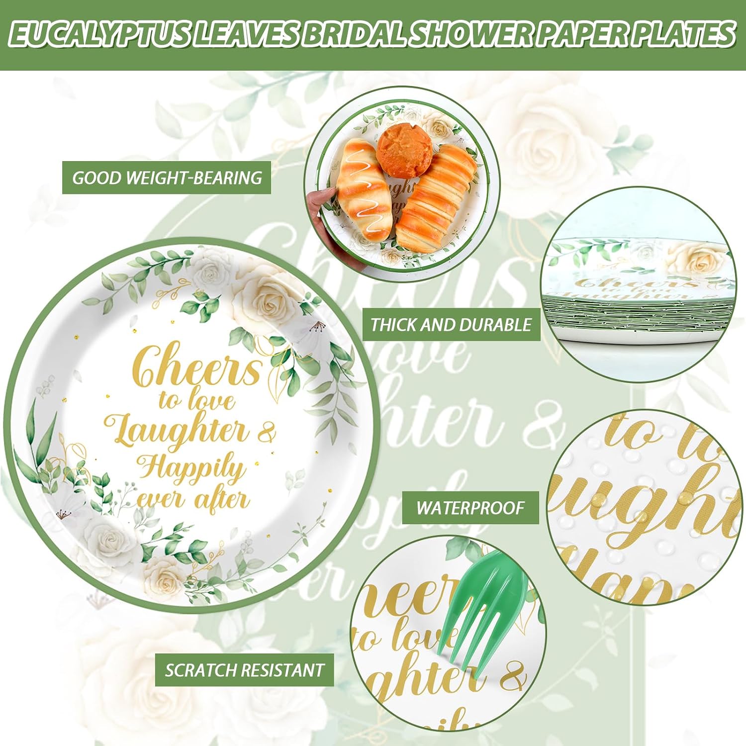 96Pcs Bridal Shower Party Supplies Eucalyptus Leaves Wedding Paper Plates Nankins Sage Green Party Decoration Engagement Cheers to Love Bridal Shower Holiday Dinnerware Party Favor Tableware Serves 24