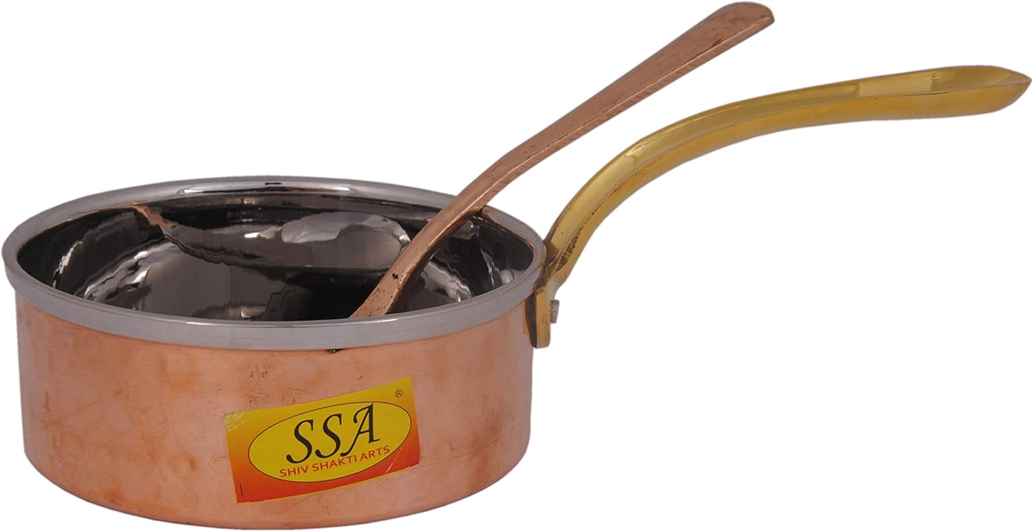 SHIV SHAKTI ARTS Hammered Steel Copper Sauce Pan with Brass Handle & Serving Spoon Serving Dishes Tableware(Small, 250 ml)
