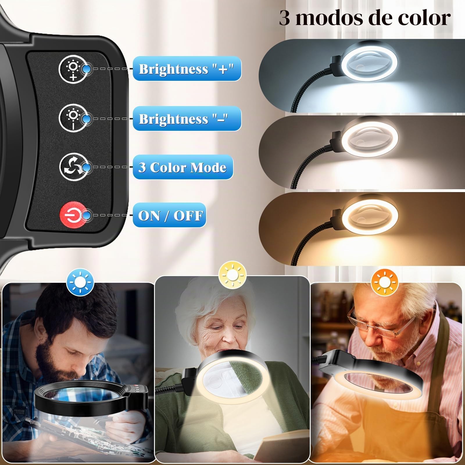 NZQXJXZ 10x Lupa con Luz y Soporte, Lampara Lupa con 72 LED, 3 Temperaturas de Color y 10 Niveles de Ajuste de Brillo para Aficiones, Lectura, Joyería, Trabajo de Cerca