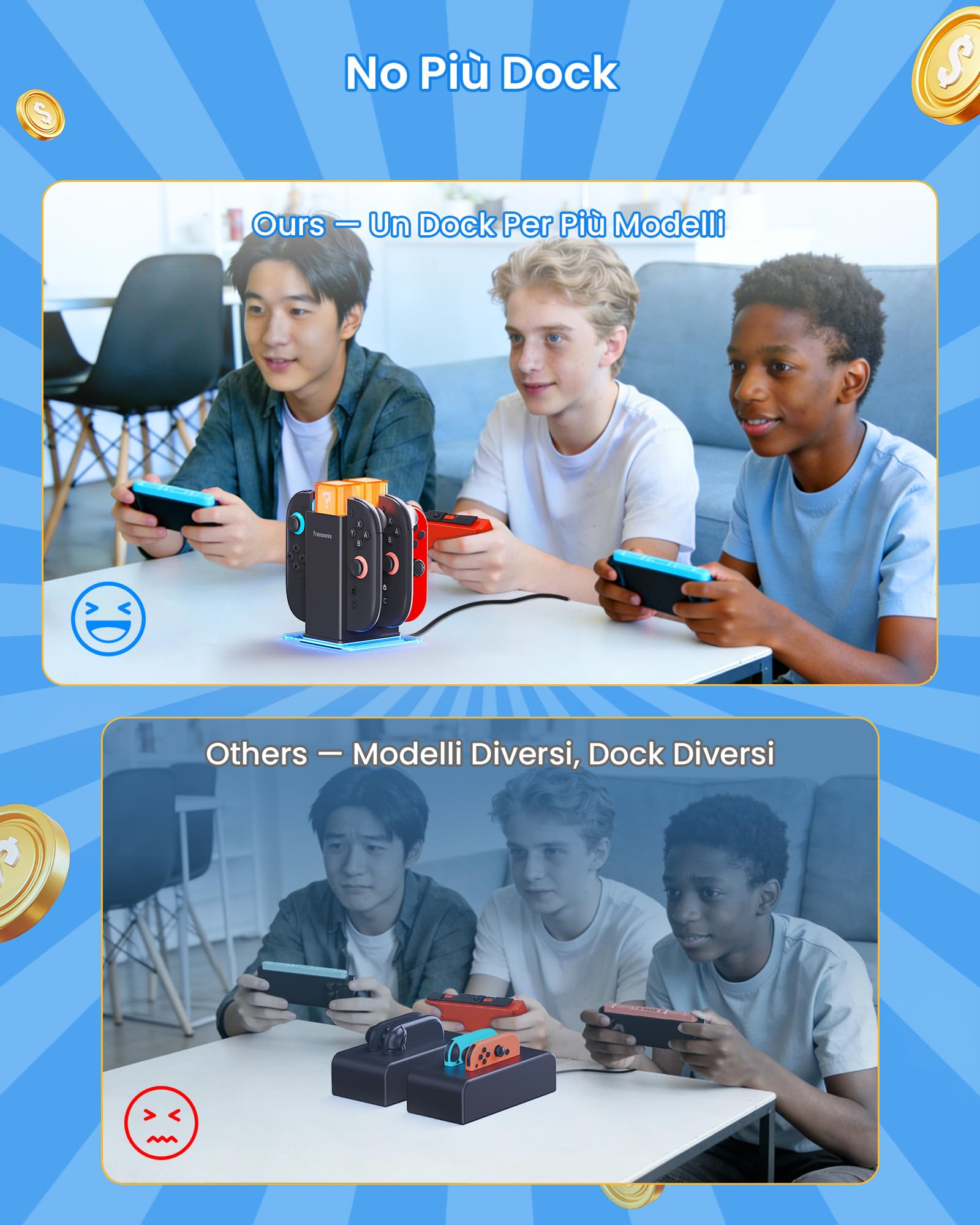 Dock di Ricarica 6-in-1 per Nintendo Switch 2/Switch/OLED, Caricatore Controller Switch con Sistema di Ricarica Doppio Magnetico & a Scorrimento, 9 Modalità RGB & 4 Livelli di Luminosità
