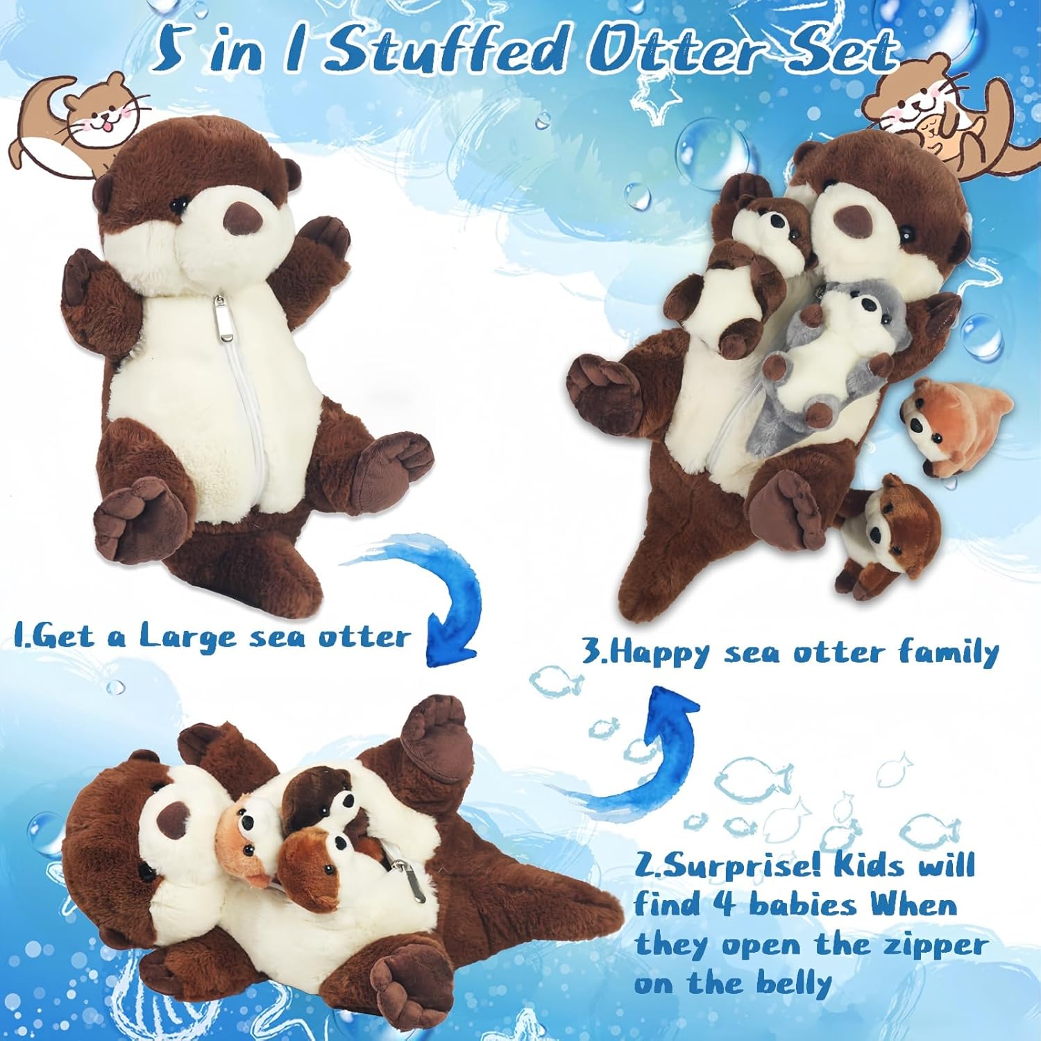 5 Pcs Sea Otter Stuffed Animal Plush Otter Set Large Mommy Stuffed Otter Plush Toy with 4 Babies in Zipper Pouch, Soft Cuddly Otter Plushies Pillow for Kids Boys Girls Birthday Easter Stuffers Gifts