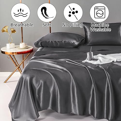 Miniatura 2 de UDEAL Juego de sábanas de satén y fundas de almohada tamaño individual, juego de sábanas refrescantes suaves y sedosas con bolsillo profundo, sábana