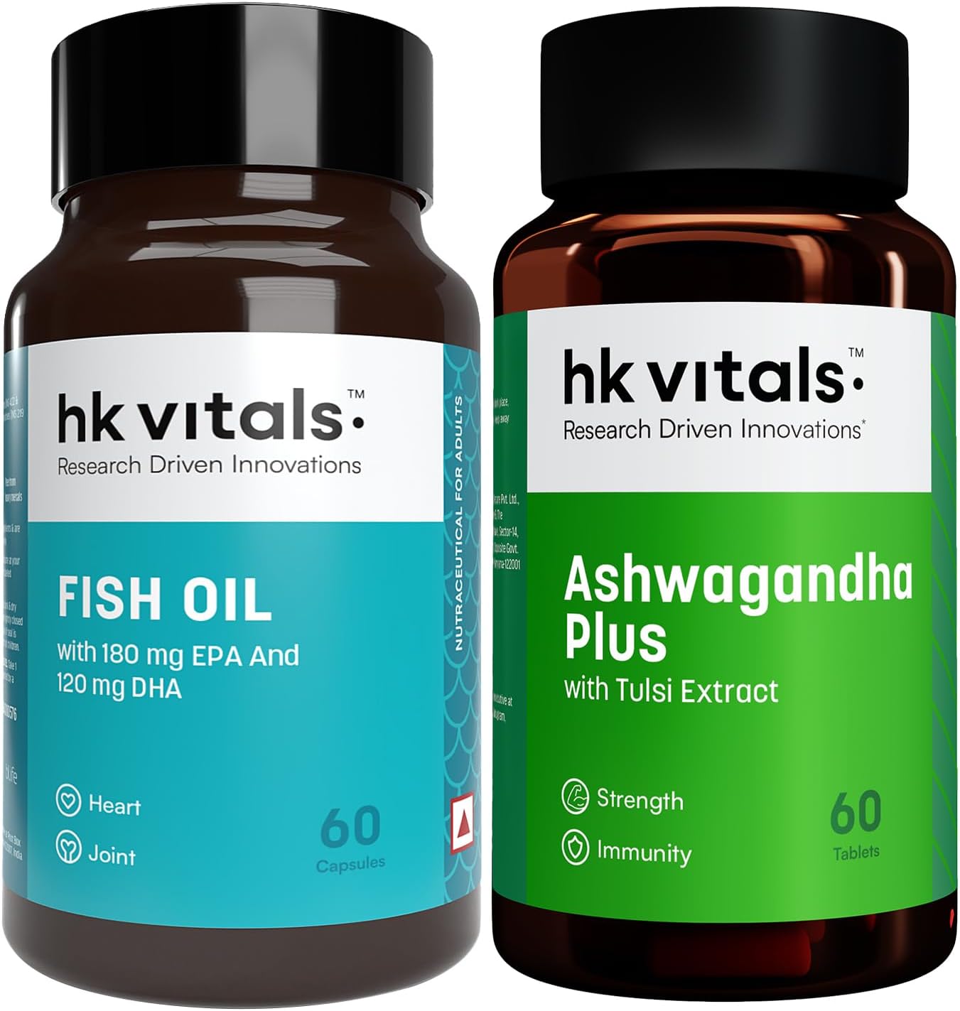 hk vitals Fish Oil Capsules For Men And Women (1000mg Omega 3 with 180 mg EPA & 120 mg DHA) & Ashwagandha Plus with Tulsi Extract 500mg (60 Tablets Each), Combo Pack