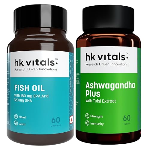 hk vitals Fish Oil Capsules For Men And Women (1000mg Omega 3 with 180 mg EPA & 120 mg DHA) & Ashwagandha Plus with Tulsi Extract 500mg (60 Tablets Each), Combo Pack