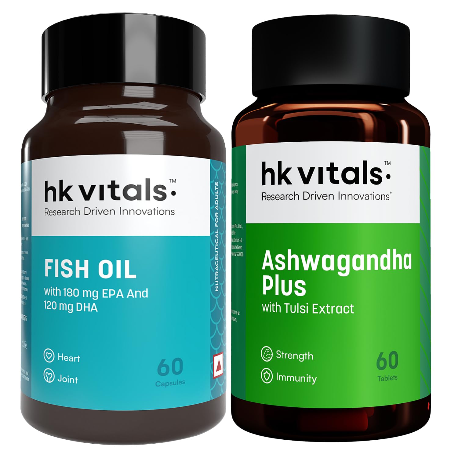 hk vitals Fish Oil Capsules For Men And Women (1000mg Omega 3 with 180 mg EPA & 120 mg DHA) & Ashwagandha Plus with Tulsi Extract 500mg (60 Tablets Each), Combo Pack