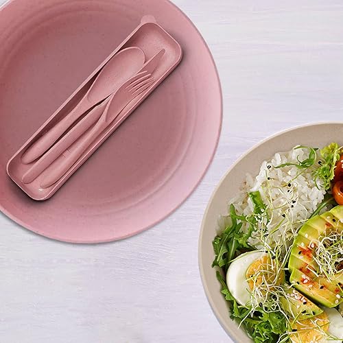 Miniatura 6 de 4 utensilios de viaje con funda juego de utensilios reutilizables con funda juego de cubiertos y 4 platos y cuencos de paja de trigo 9 pulgadas