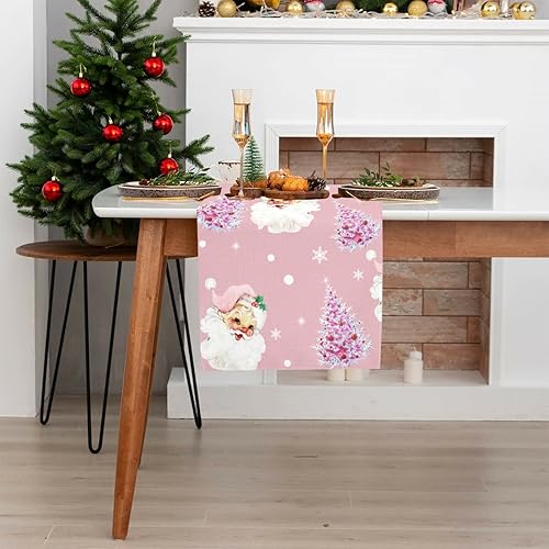 Miniatura 4 de Camino de mesa de Navidad de 13 x 72 pulgadas, lindo Papá Noel rosa para árbol de Navidad, camino de mesa de temporada de invierno, Navidad, cocina,