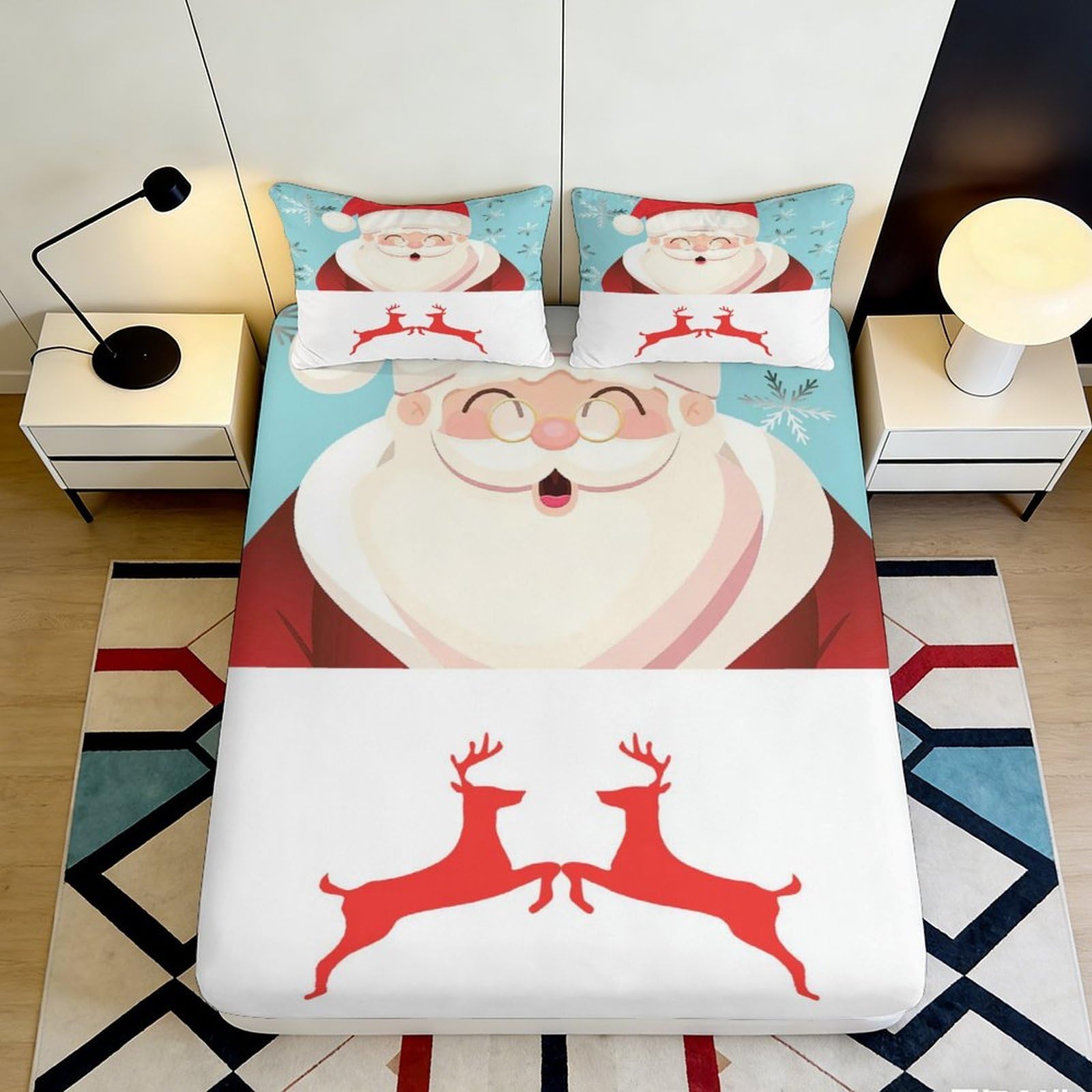 3D Printed Santa Claus Fitted Sheet Microfiber Soft Breathable Reindeer Bed Cover for Bedroom Dormitory Guest Room Mattress Protection Decor 140x200x25cm