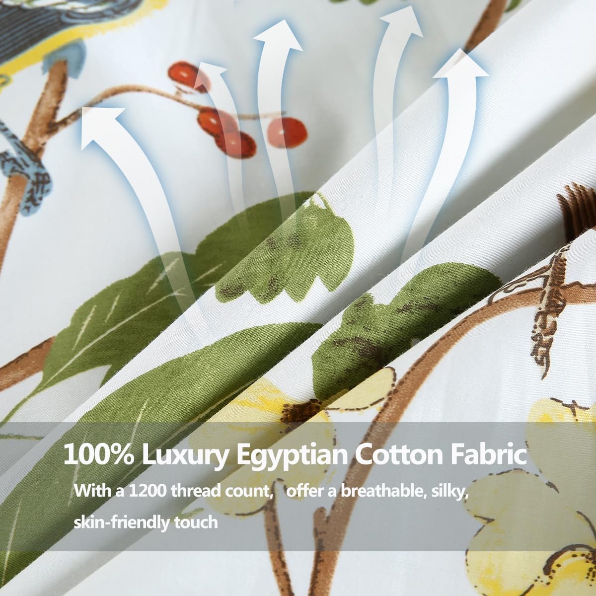 100% Egyption Cotton Queen Size Pillow Case - 2 Pack Soft Breathable Pillow Covers Botanical Pattern Floral Pillowcase Farmhouse Envelope Closure Pillow Sham Green Leaves Birds Print Bedding - 20"x30"