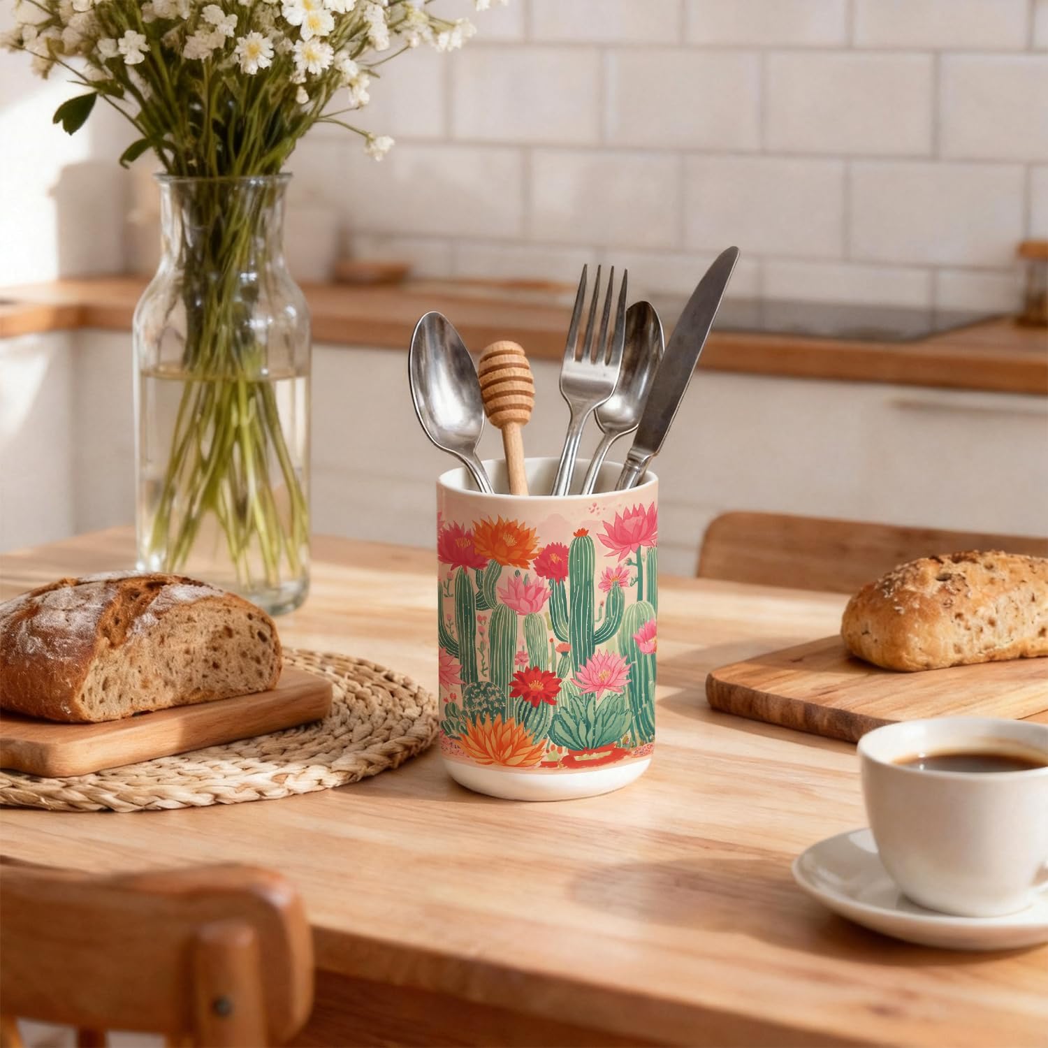 Cactus Mexican Ceramic Utensil Holder for Kitchen Counter, Boho Southwestern Vintage Succulent Cooking Crock 5.4" Decorative Utensil Holder for Countertop, Cactus Kitchen Decor image 3