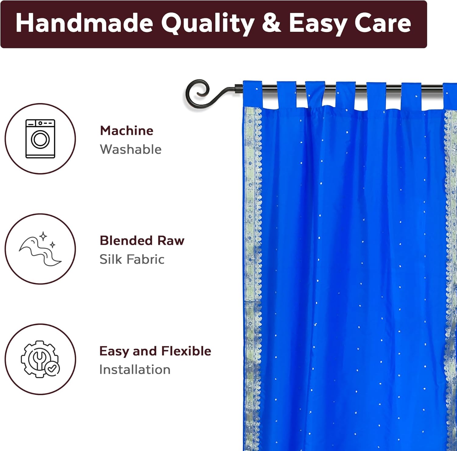 Indian Selections Lined-Enchanting Blue Tab Top Sheer Sari Curtain/Drape -43W x 63L-Piece