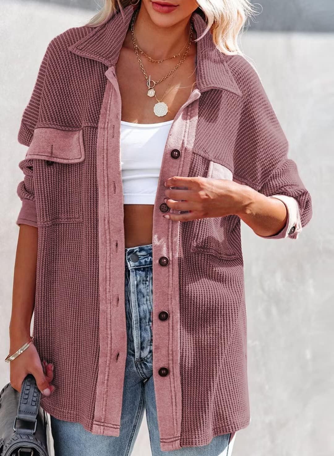 Womens Waffle Knit Shacket Long Sleeve Button Down Shirts Dressy Blouses Tops
