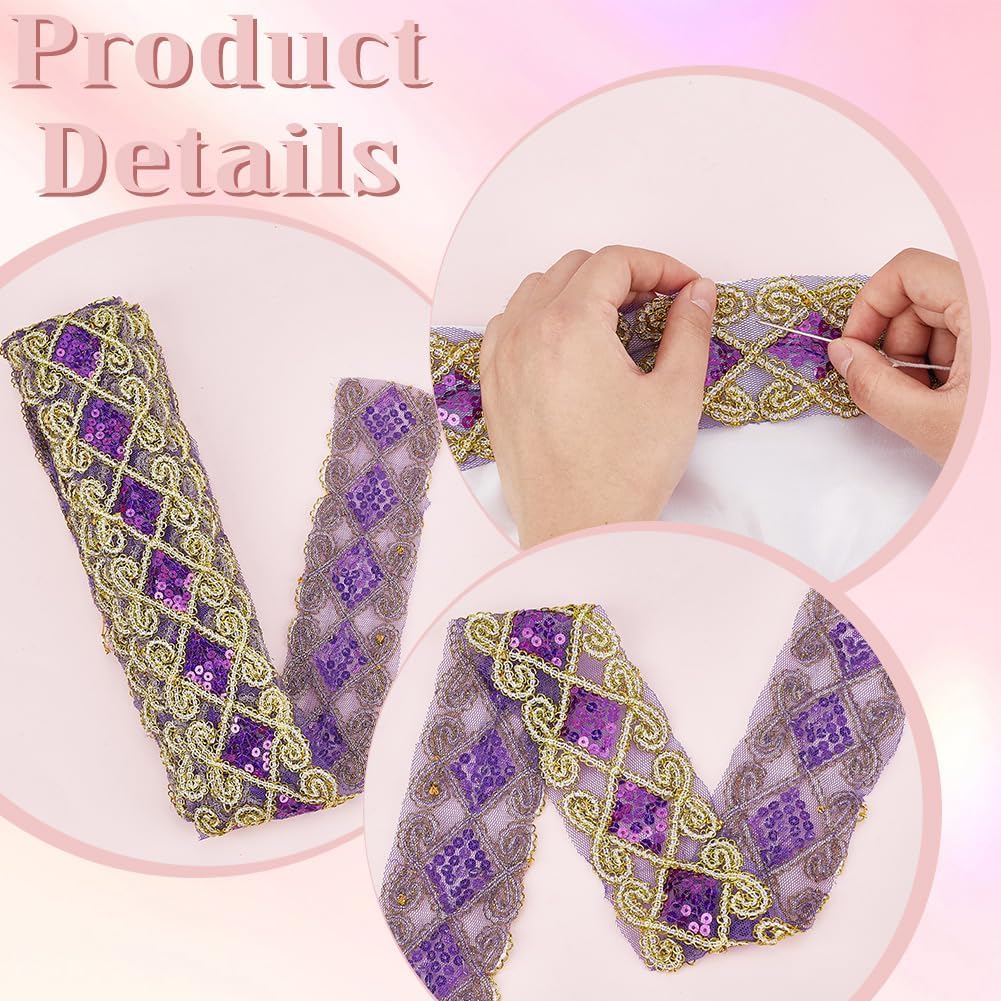 PH PandaHall 10 Yards Purple Sequin Lace Trim, 2.36" Embroidery Lace Trim Gold Lace Mesh Ribbon Sewing Supplies Crafts with Paillettes for Mardi Gras Crafts, Embellishments, Clothes, Curtain