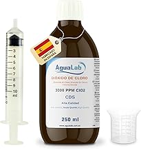 Chlorine Dioxide Agualab 250 ml Crystal 3000 PPM with ultra pure water. Made in Spanish registered laboratory.
