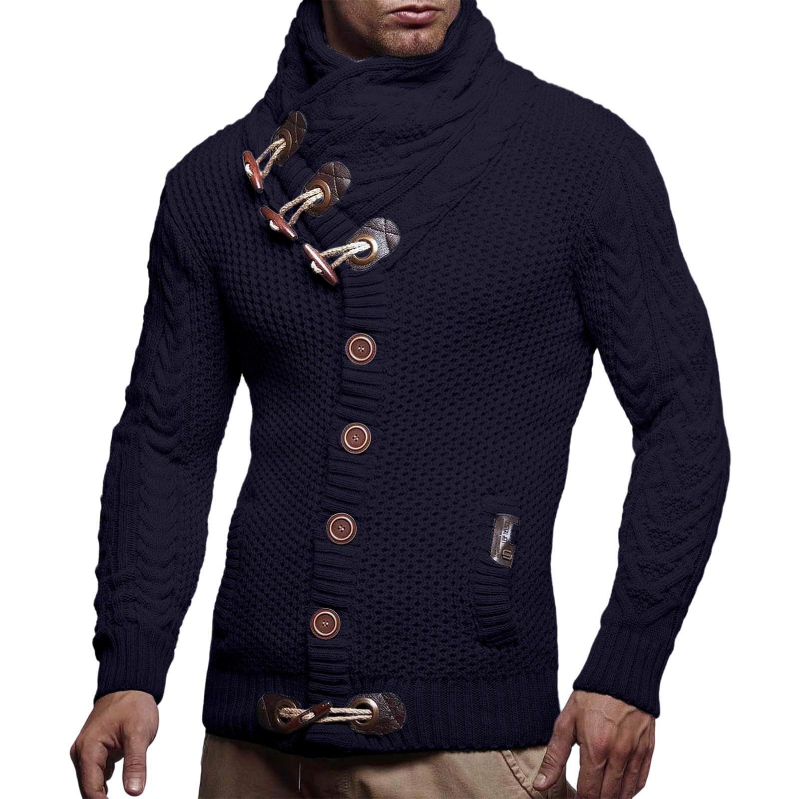 Greabuy Suéter de punto trenzado para hombre, cuello alto, térmico, cálido, con cremallera, casual, a la moda, cuello alto, ropa de invierno