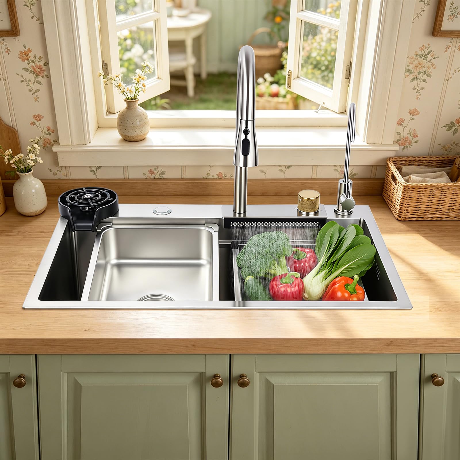 Fregadero de cocina 68 × 35 × 21 cm, acero inoxidable 304, 4 modos, juego completo | Grifo extensible con diseño de doble etapa, incluye 5 puntos de montaje preperforados, sifón y sistema de filtro