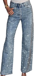 Womens Baggy Camo Rhinestone Jeans Wide Leg Sparkly Military Pants