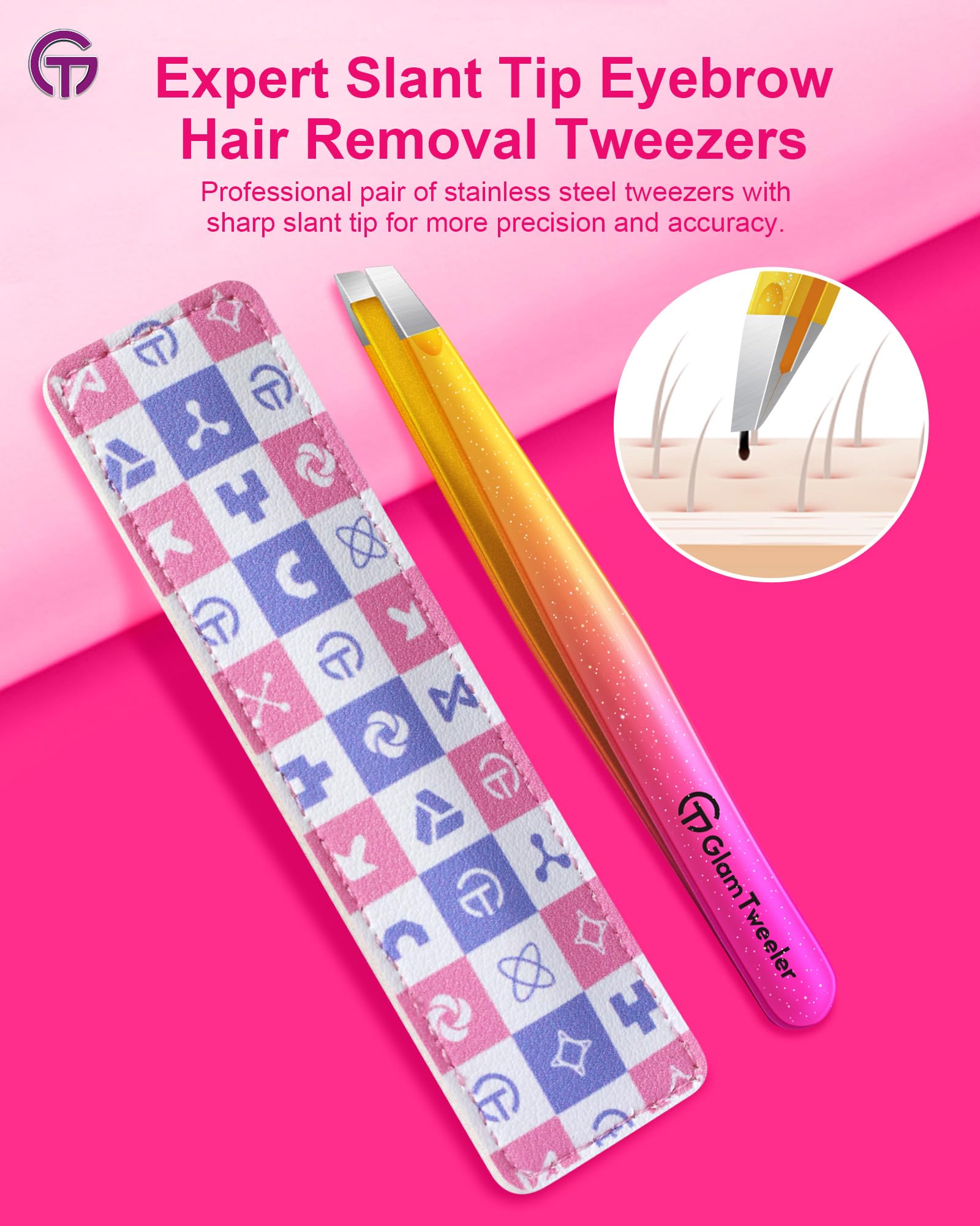 GlamTweeler Expert - Pinzas de depilación de cejas con funda de cuero, punta inclinada de alta precisión, pinzas de acero inoxidable para hombres y mujeres (fucsia brillante y amarillo)