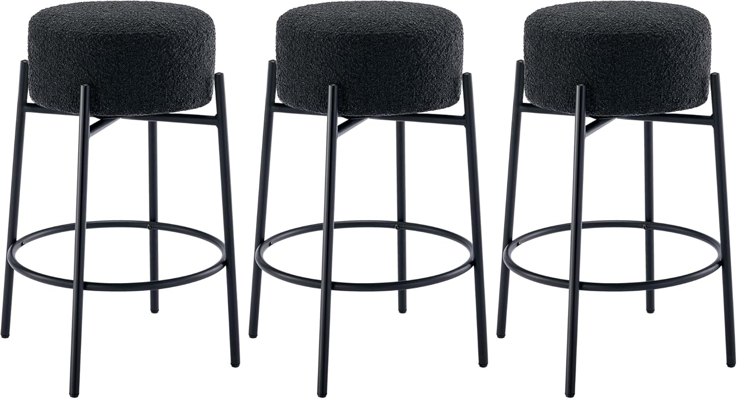 Modern Counter Height Bar Stools Set of 3, Black Swivel Bar Stools Boucle for Kitchen Island, 26" Comfortable Upholstered Counter Chairs
