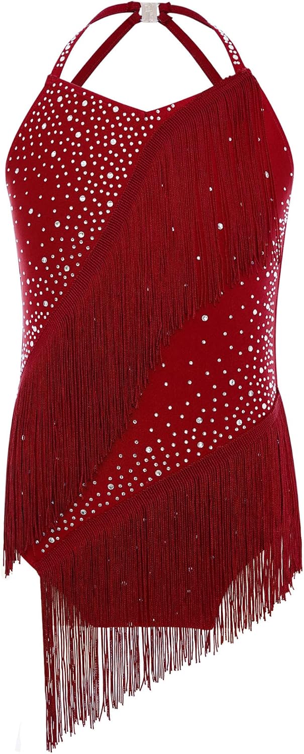Linjinx Kids Girls Halter Neck Shiny Rhinestone Tassel Ballet Jazz Latin Dance Leotard Figure Skating Jumpsuit Bodysuit