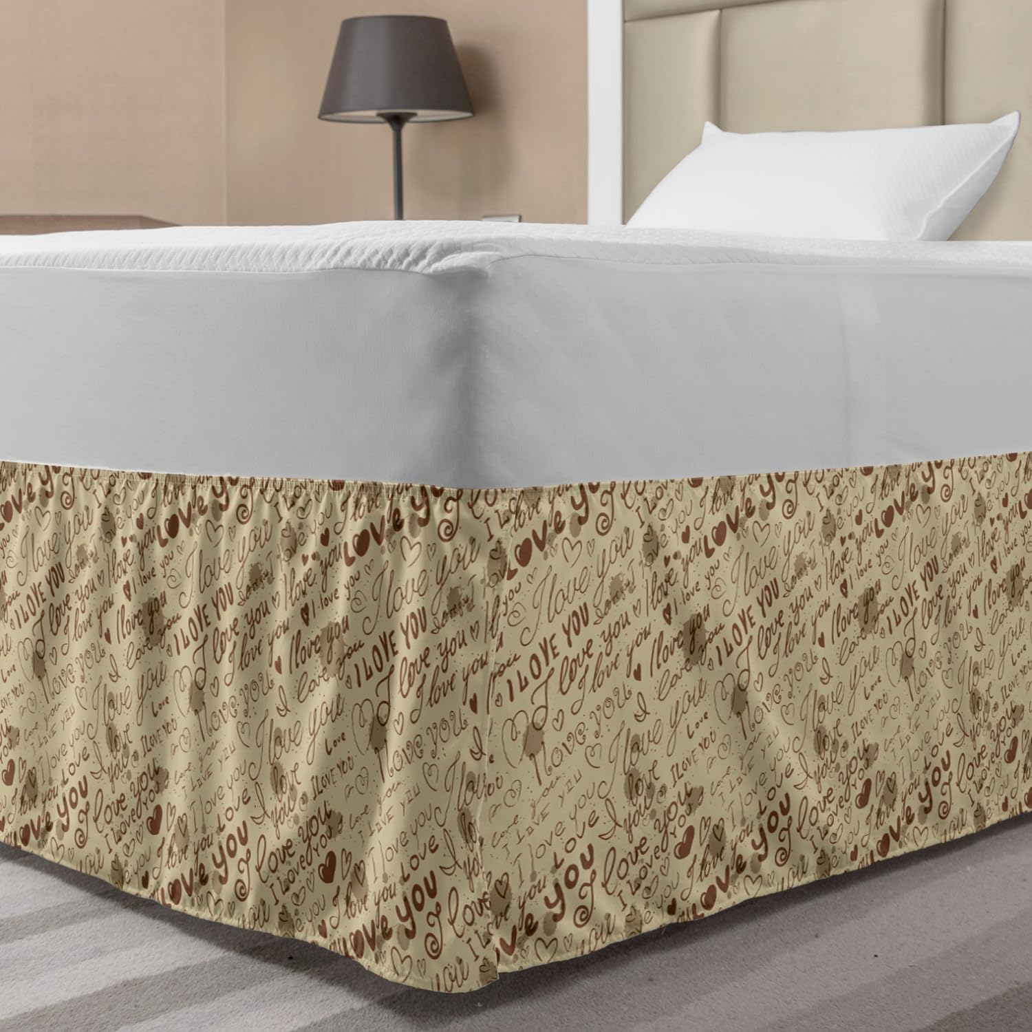 Lunarable Vintage Bed Skirt, Hand Drawn Ink Style Design Valentines Day Themed I Love You Words Hearts, Elastic Bedskirt Dust Ruffle Wrap Around for Bedding Decor, Full, Pale Brown and Brown