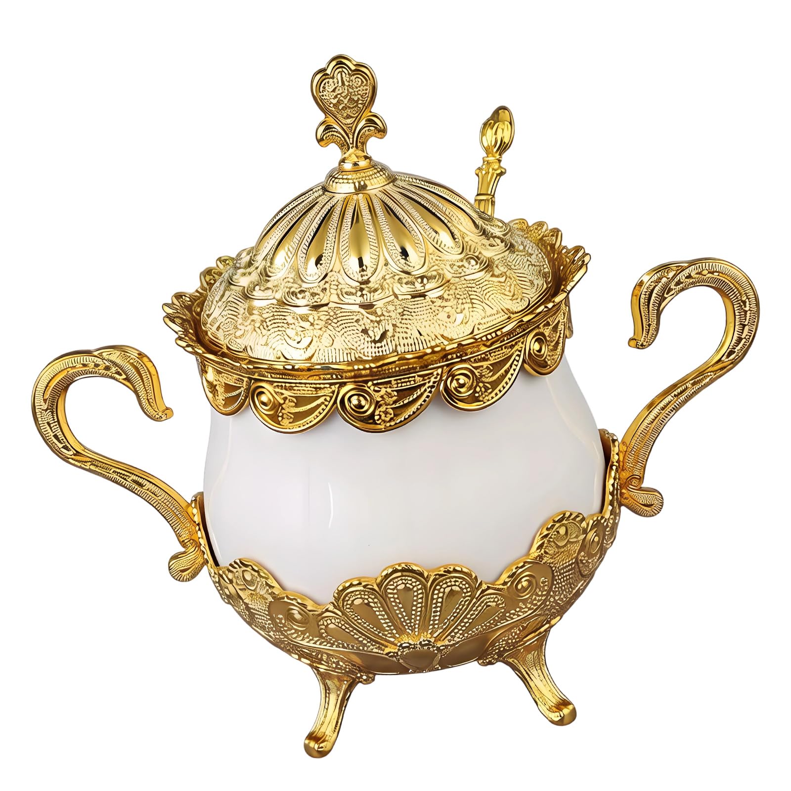 Whoasyst Classical Metal and Glass Sugar Jar Seasoning Storage Container with Lid Spoon Condiment Bowl Countertop Organization Sugar Jar with Spoon