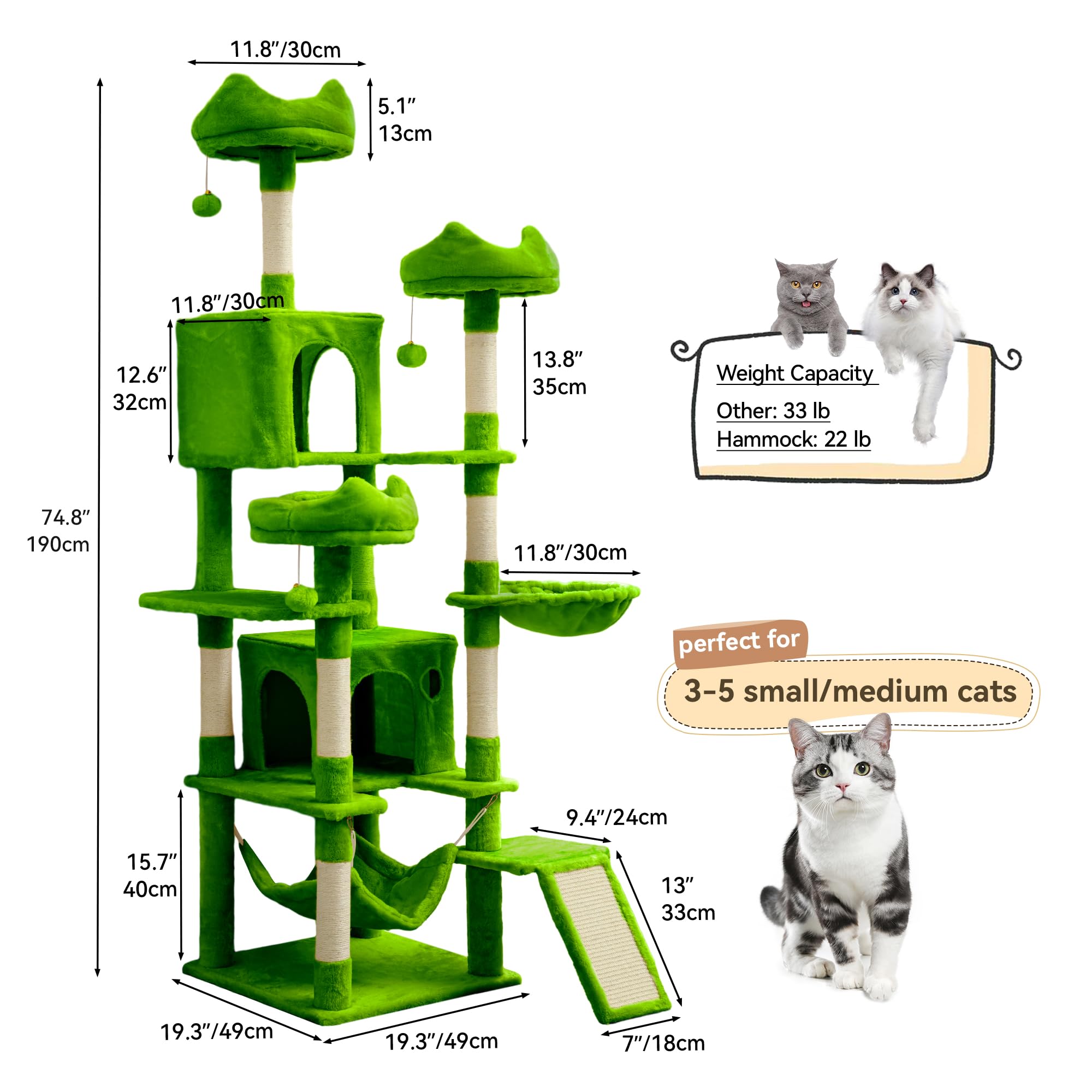 YITAHOME Tall Cat Tree for Indoor Cats, 75 inch Multi-Level Cat Tower with Cat Condos, Top Perches, Sisal Ramp Scratching Posts, Cozy Basket, Hammocks, Large Cat Pet Activity Structure,Pink