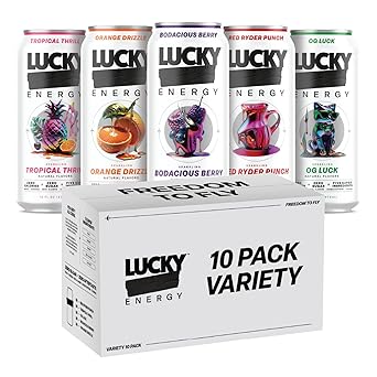 Lucky Energy Sugar Free Energy Drinks, Variety Pack, 16oz Cans 10-Pack Healthy, Zero Sugar Energy Drink with Maca, Ginseng, Beta-Alanine, Taurine & 200mg Caffeine