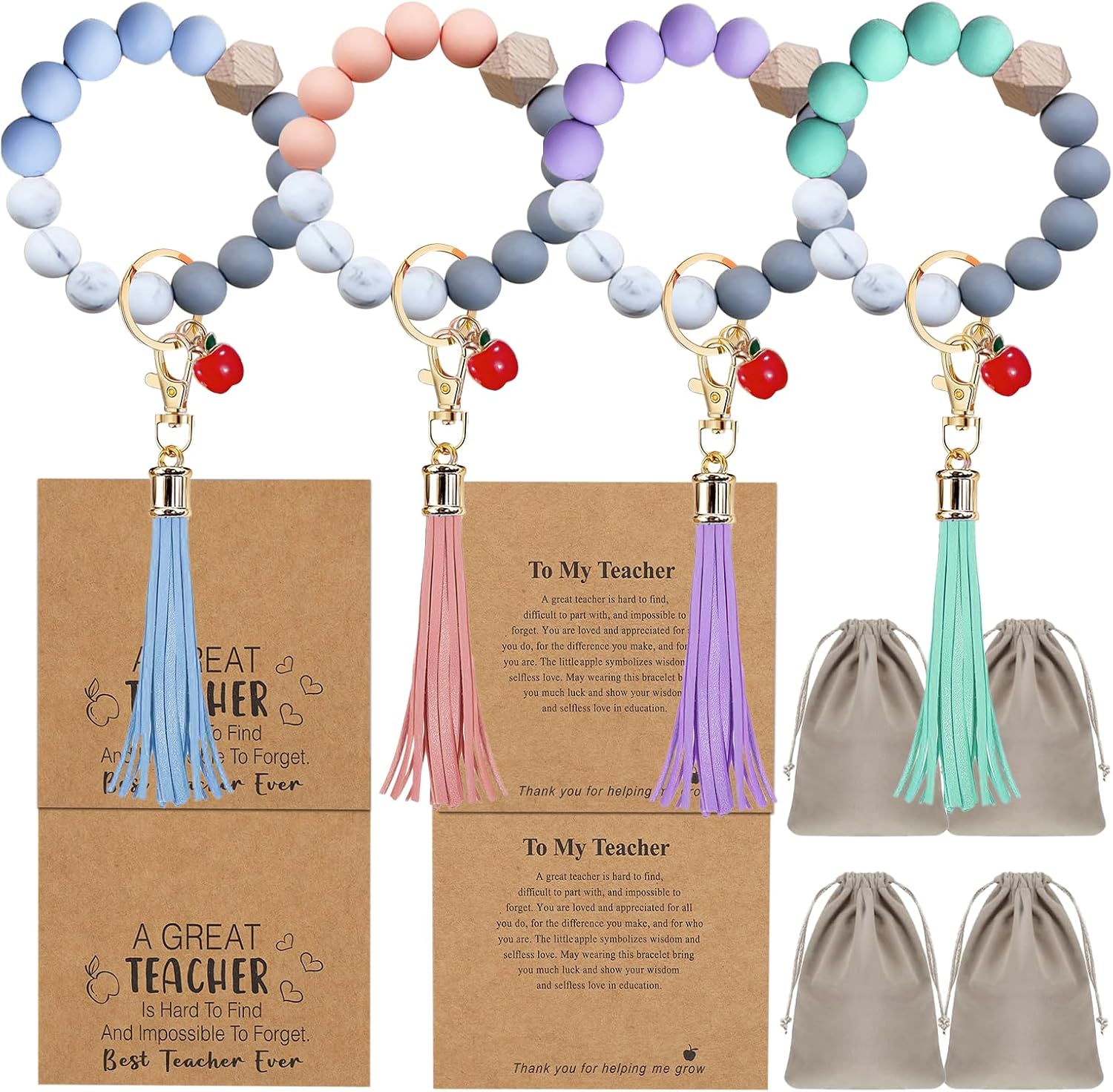 LEFTSTARER 4Pack Teacher Appreciation Bracelets Gifts in Bulk for Women with Thank-You Message Cards from Student, Silicone Teacher Bracelet Jewelry for Women