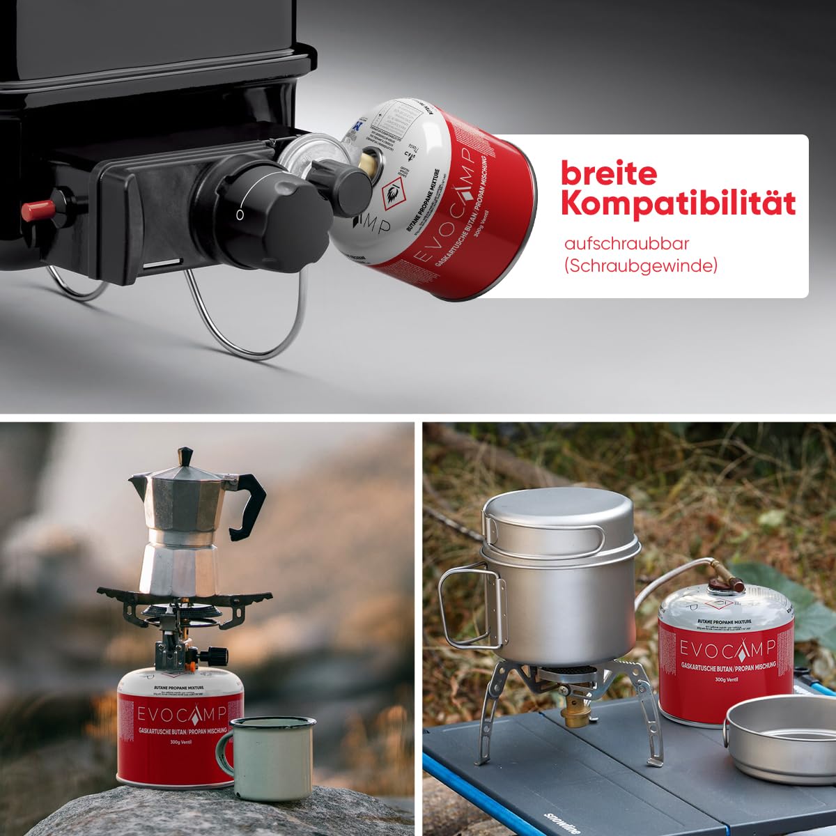 EVOCAMP 3x Propan Butan Gaskartuschen 300g, Schraubventil Eurogewinde 7/16", Ventilkartuschen 539ml mit Sicherheits-Verschlussautomatik, Gaskartuschen einsetzbar für Weber Grills Q100/1200-Serien
