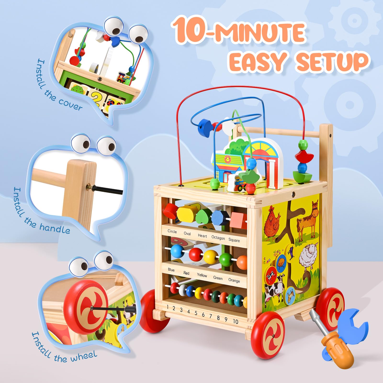Andador de madera para bebés, andador multifuncional con 5 actividades, mango ajustable, estructura triangular estable, juguete educativo para niños pequeños a partir de 1 año