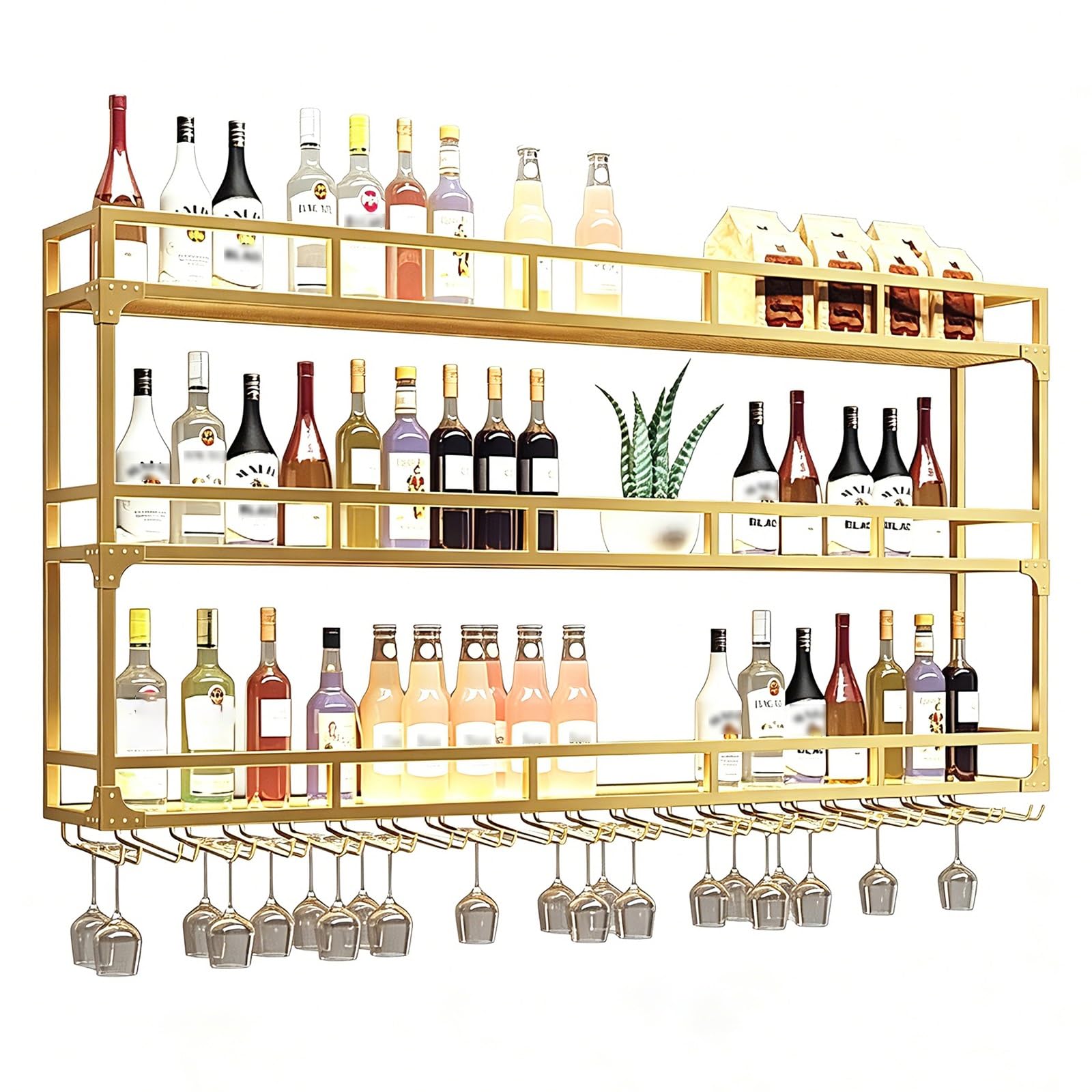 Regał na Wino Montowany na Ścianie z Paskiem LED Pogrubiona Rama Żelazna | Montowany na Ścianie Stojak na Wino, Lakierowanie Wysokotemperaturowe, do Salonu, Domu, Baru, Piwnicy(Gold,100x25x90cm)