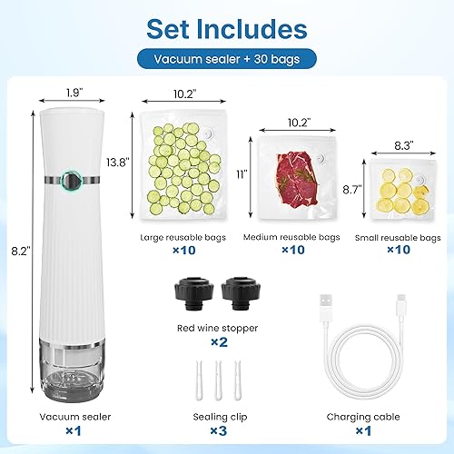 Miniatura 3 de Sellador al vacío para alimentos con 30 bolsas de vacío reutilizables, detección automática de presión, sellador al vacío de mano, portátil y