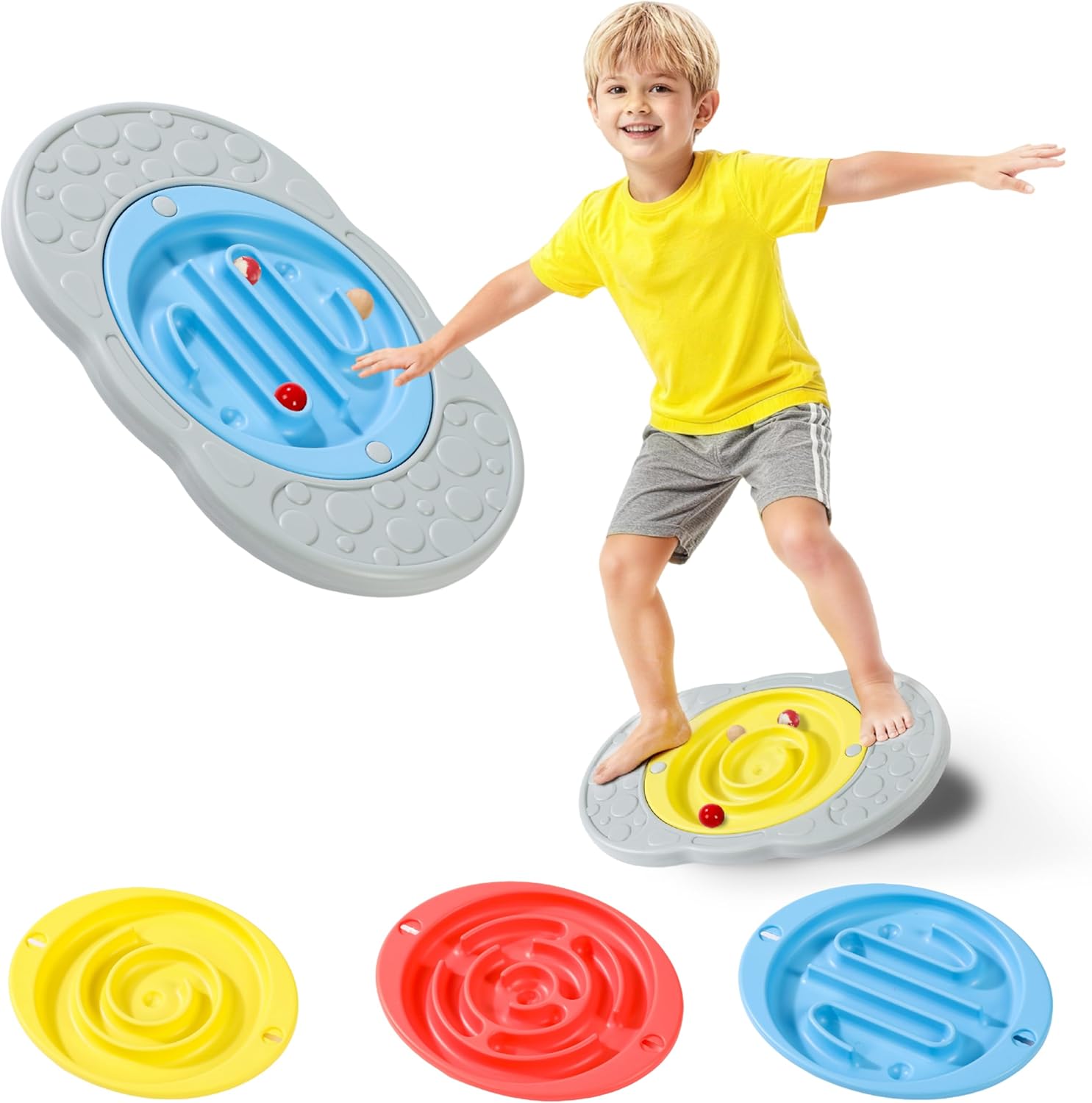 2-in-1 Kids Maze Balance Board, 3 Swappable Labyrinths & 3 Challenge Balls, Non-Slip Rubber Base Wobble Board for Core Training, Skate Prep & ADHD Focus, Ages 3-12