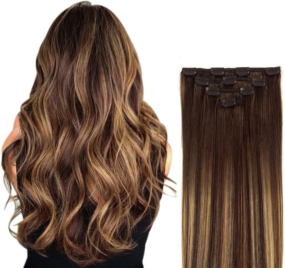 18" Clip in Hair Extensions Remy Human Hair for Women - Silky Straight Ombre Hair Extensions Brown Balayage 60grams 4pieces #4T27P4 Color